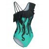 Maillot de Bain à Imprimé Pieuvre à Col Oblique Une-Pièce à Volants de Vacance - Bleu Vert Ara XL