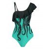 Octopus Print Flounce Skew Neck One-piece Swimwear - MACAW BLUE GREEN 2XL