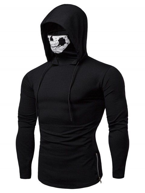 Skull Mask Drawstring Zip Hem Hooded T Shirt