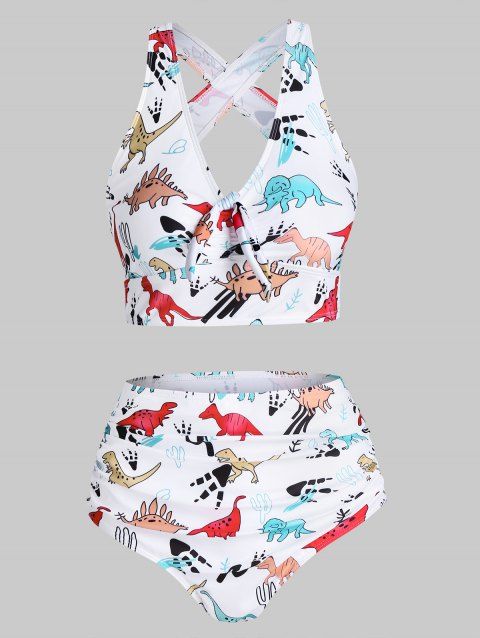 Tummy Control Tankini Swimsuit Cartoon Dinosaur Print Bathing Suit Ruched Bowknot Crisscross Beach Swimwear