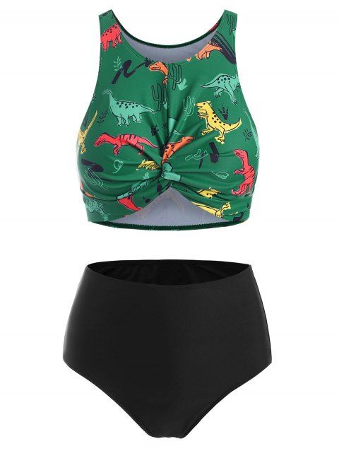 Cartoon Dinosaur Print Swimwear Twist Cutout High Waist Tankini Swimsuit