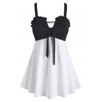 

Frilled Trim Colorblock Knotted Plus Size Tank Top, White