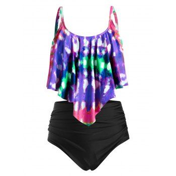 

Plus Size Tie Dye Flounce High Waisted Tankini Swimwear, Multicolor b