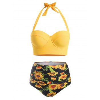 

Plus Size Halter High Waist Flower Print Bikini, Bright yellow