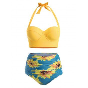 

Plus Size Halter High Waist Flower Print Bikini, Silk blue