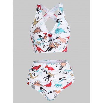

Tummy Control Tankini Swimsuit Cartoon Dinosaur Print Bathing Suit Ruched Bowknot Crisscross Beach Swimwear, White