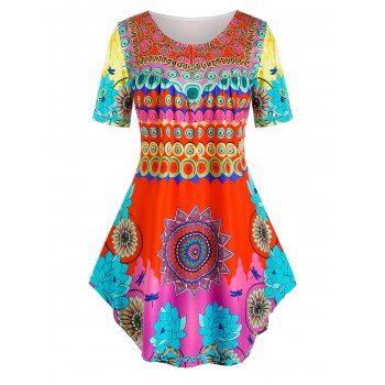

Plus Size Mixed Aztec Print Short Sleeve Tunic Tee, Multicolor