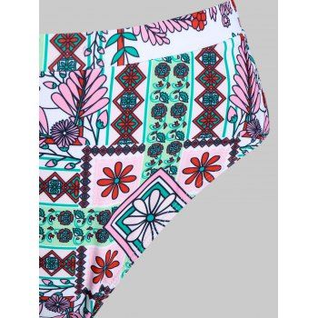 Ethnic Flower Print Swimsuit Bowknot High Rise Tankini Swimwear