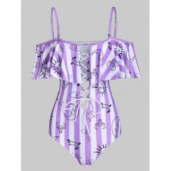 

Sun Moon Star Striped Print Padded One-piece Swimwear, Mauve