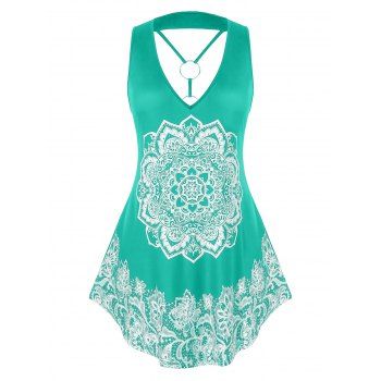 

Plus Size Tribal Print O Ring Tank Top, Sea green