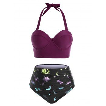 

Vintage Galaxy Swimsuit Tummy Control Tankini Corset Moon Sun Swimwear Set, Plum pie