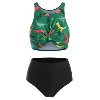 

Cartoon Dinosaur Print Swimwear Twist Cutout High Waist Tankini Swimsuit, Light sea green