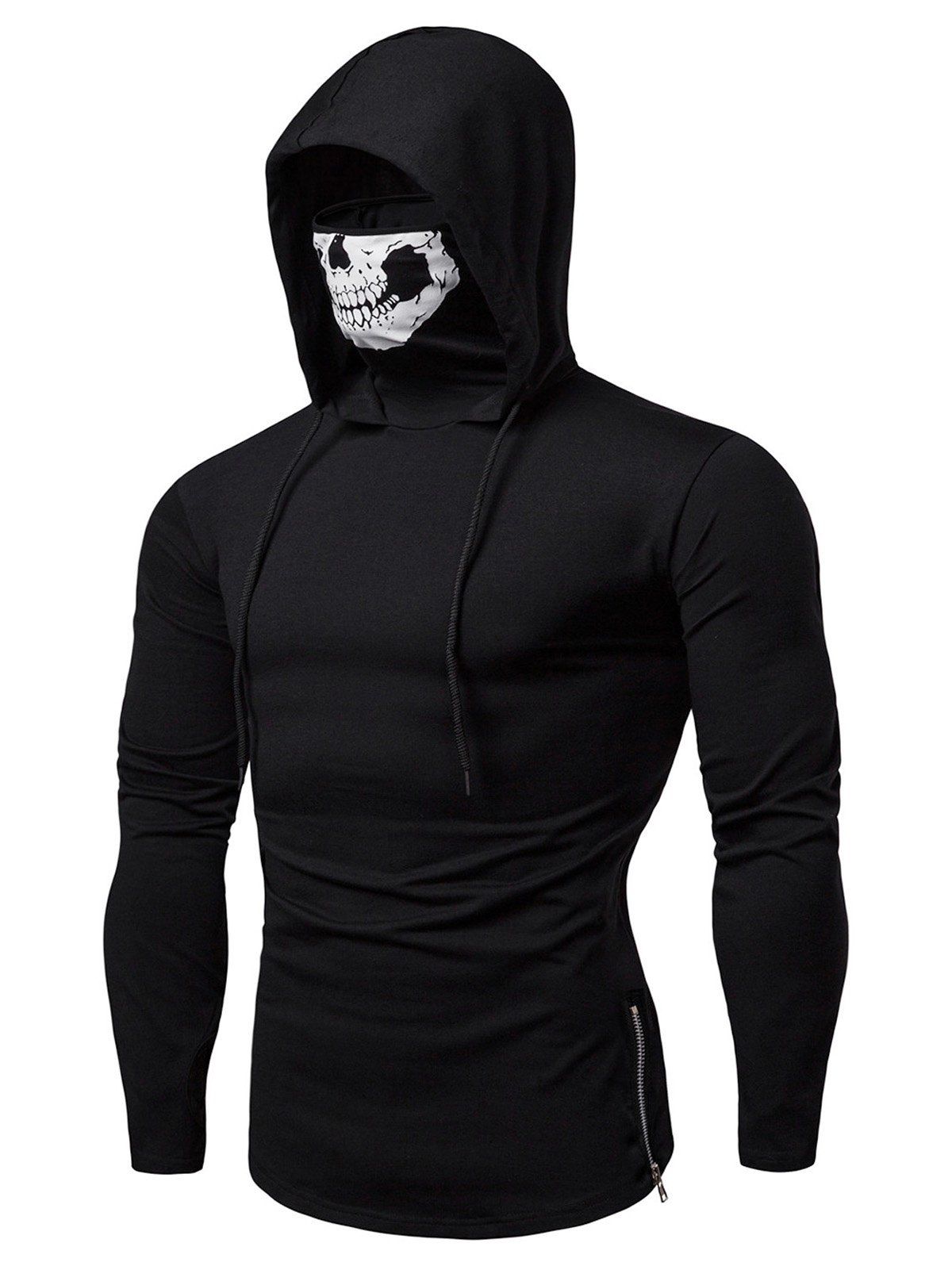 Skull Mask Drawstring Zip Hem Hooded T Shirt - BLACK M