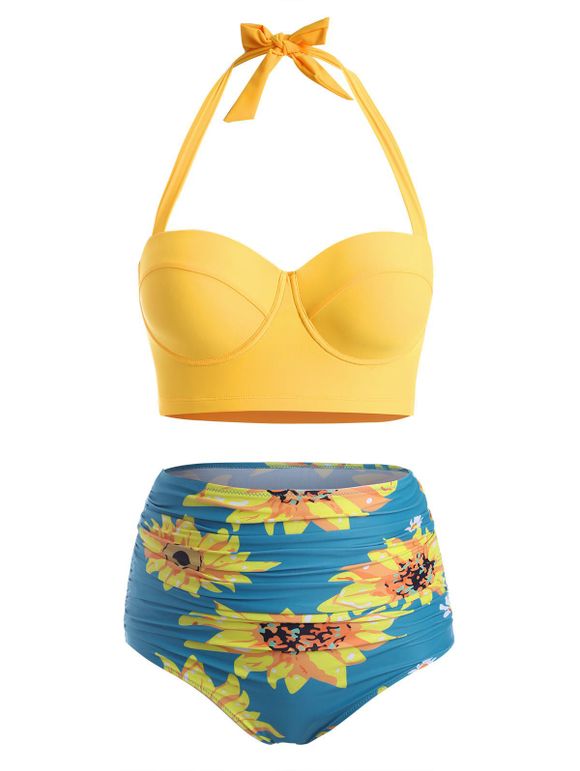 Bikini à Taille Haute Fleur Imprimée Grande-Taille à Col Halter - Bleu de Soie 3XL
