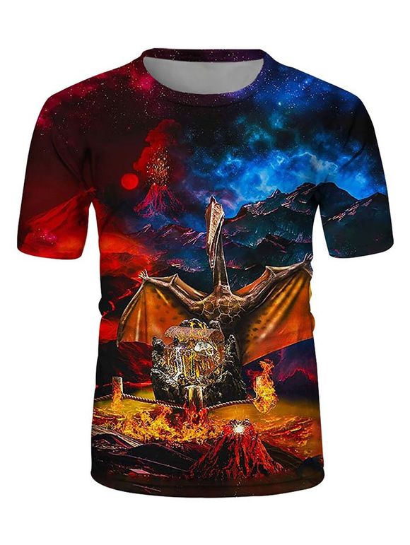 T-shirt Décontracté Aile de Dragon en Feu Imprimée à Col Rond - multicolor XL