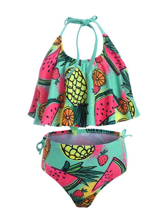 Maillot de Bain Bikini Pastèque Ananas à Volants pour Fille - Bleu Vert Ara 28