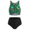 Maillot de Bain Tankini à Imprimé Dinosaure Découpé Tordu à Taille Haute - Vert Clair de Mer 2XL