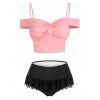 Maillot de Bain Rembourré Mélangé et Assorti Noué en Dentelle Insérée Deux Pièces - Rose clair 2XL