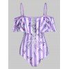 Maillot de Bain Matelassé Rayé à Imprimé Etoile Lune et Soleil Une-Pièce - Mauve M