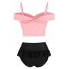 Contrast Mix And Match Tankini Swimwear Bow Detail Lace Insert Padded Two Piece Swimsuit - LIGHT PINK XL
