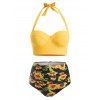 Bikini à Taille Haute Fleur Imprimée Grande-Taille à Col Halter - Jaune Clair XL