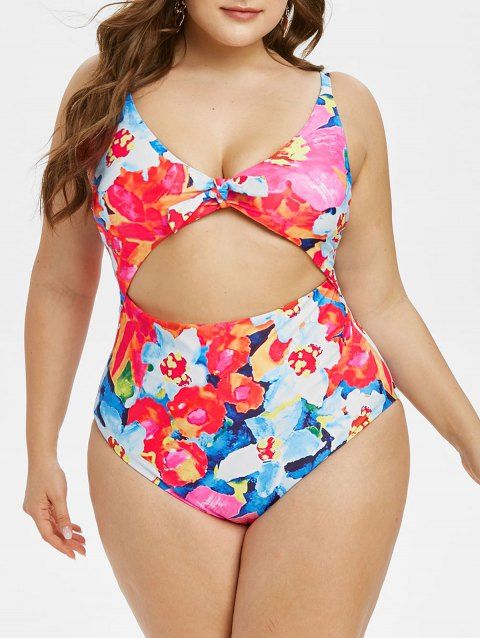 Plus Size Floral Print Cut Out Knotted One-piece Swimsuit