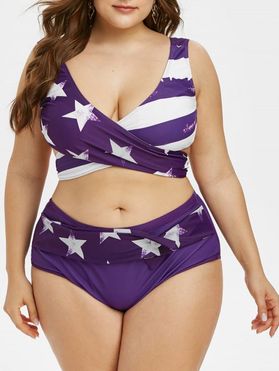 Plus Size Patriotic American Flag Print Wrap Tankini Swimwear