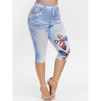 

Plus Size American Flag Butterfly Print Jeggings, Sea blue