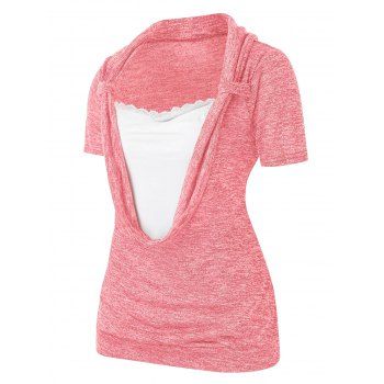 

Plus Size Lace Splicing Cowl Front Marled T Shirt, Pig pink
