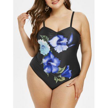 

Plus Size Ruched Floral Print One-piece Swimsuit, Black