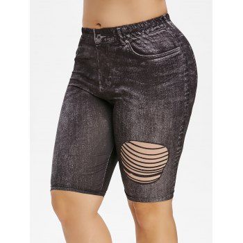 

Plus Size High Rise 3D Ripped Jean Print Short Leggings, Dark gray