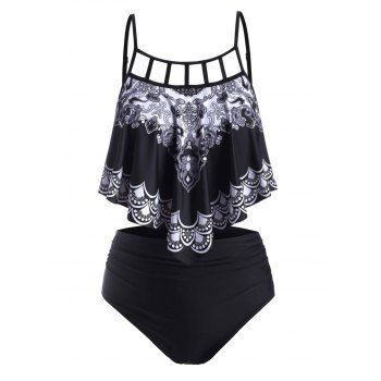 

Plus Size Lattice Cut Tribal Print Ruffled Tankini Swimwear, Black