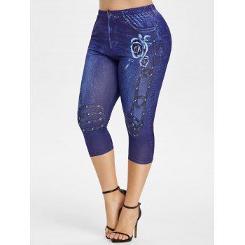 

Plus Size 3D Flower Print Cropped Jeggings, Cobalt blue