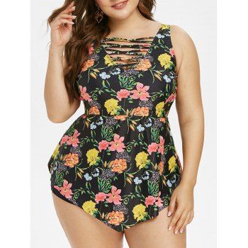 

Plus Size Crisscross Floral Print Peplum Tankini Swimwear, Black
