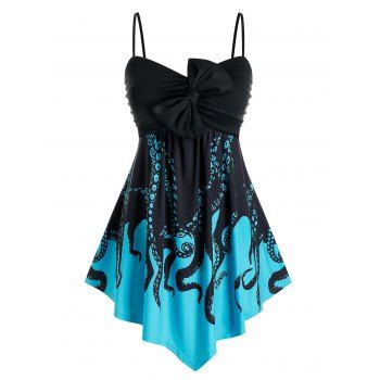 

Plus Size Octopus Print Bowknot Asymmetric Ruched Cami Top, Black
