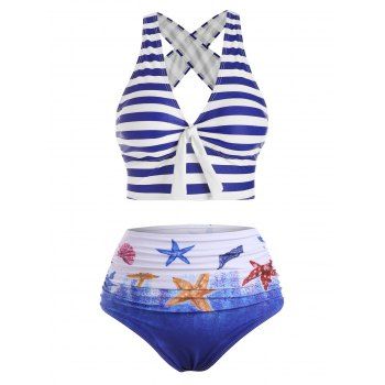 

Striped Tied Crisscross Tummy Control Bikini Swimwear, Ocean blue