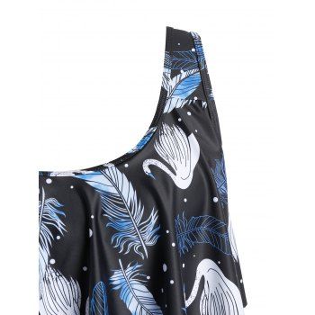 

Plus Size Leaves Print Ruffled Tankini Swimwear, Black