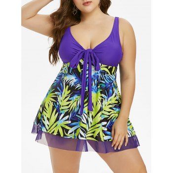 

Plus Size Low Cut Palm Print Crossover Tankini Swimwear, Purple