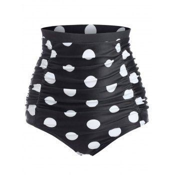 

Retro Polka Dot Ruched High Waisted Bikini Bottom, Black