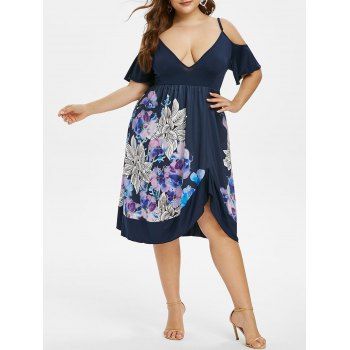 

Floral Open Shoulder Asymmetrical Plus Size Dress, Blue
