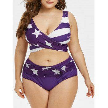 

Plus Size Patriotic American Flag Print Wrap Tankini Swimwear, Dark violet