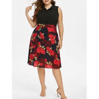 

Plus Size Sleeveless Half Button Floral Print Dress, Deep blue