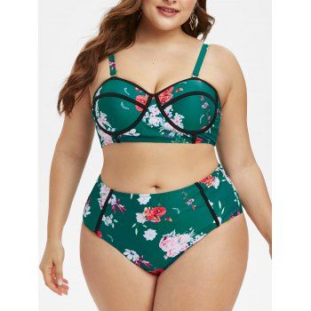 

Plus Size Floral Print High Rise Bikini Set, Sea green