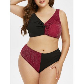 

Ribbed Panel Metallic Thread Twist Plus Size Bikini Swimwear, Red wine