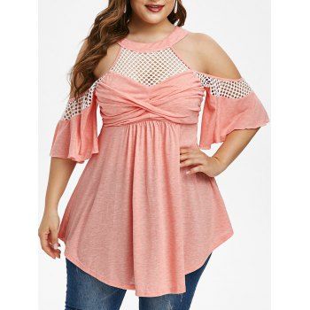 

Plus Size Cold Shoulder Fishnet Insert Twist T Shirt, Light pink