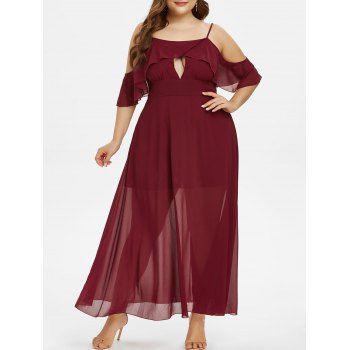 Image of Plus Size Chiffon Cold Shoulder Flounce Long Party Dress