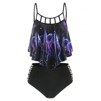

Tummy Control Swimsuit Gothic Bathing Suit Octopus Print Cut Out Crisscross Summer Beach Tankini Swimwear, Purple amethyst