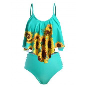 

Sunflower Crisscross Swimsuit Flounce High Waisted Tankini Swimwear Set, Macaw blue green