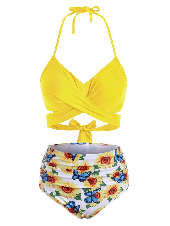 Maillot de Bain Bikini Croisé Ananas Fleur et Oiseau à Col Halter - Jaune M