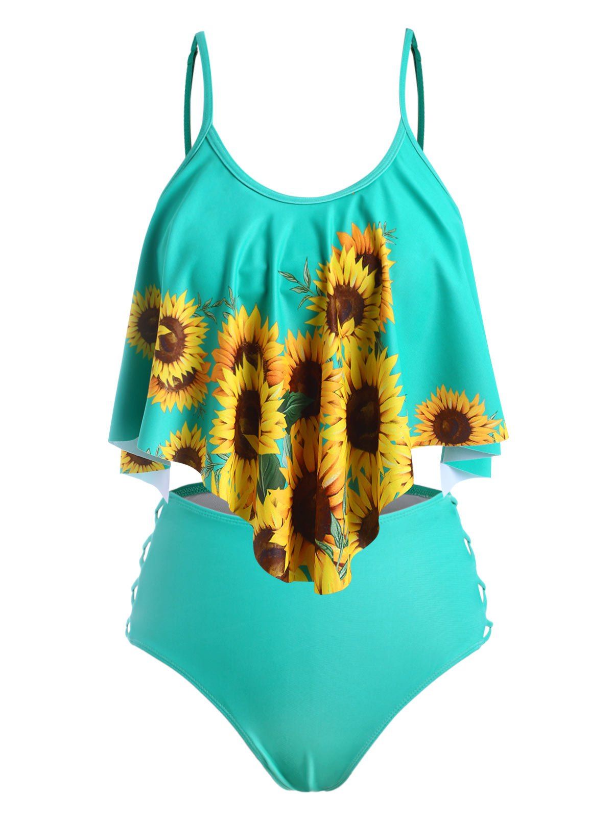 Sunflower Crisscross Swimsuit Flounce High Waisted Tankini Swimwear Set - MACAW BLUE GREEN S